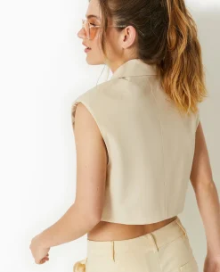 Blazer Sans Manches Cropped - Beige