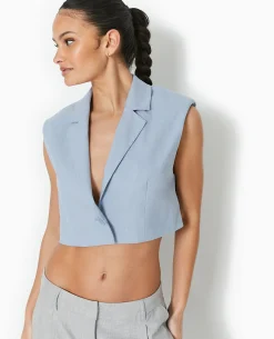 Blazer Sans Manches Cropped - Bleu