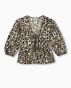 Blouse Avec Nouettes Et Volant Motif Léopard - Marron