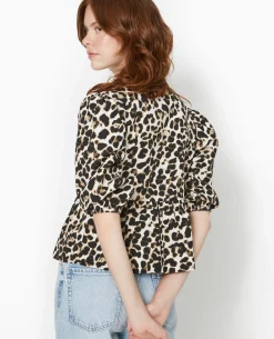Blouse Avec Nouettes Et Volant Motif Léopard - Marron