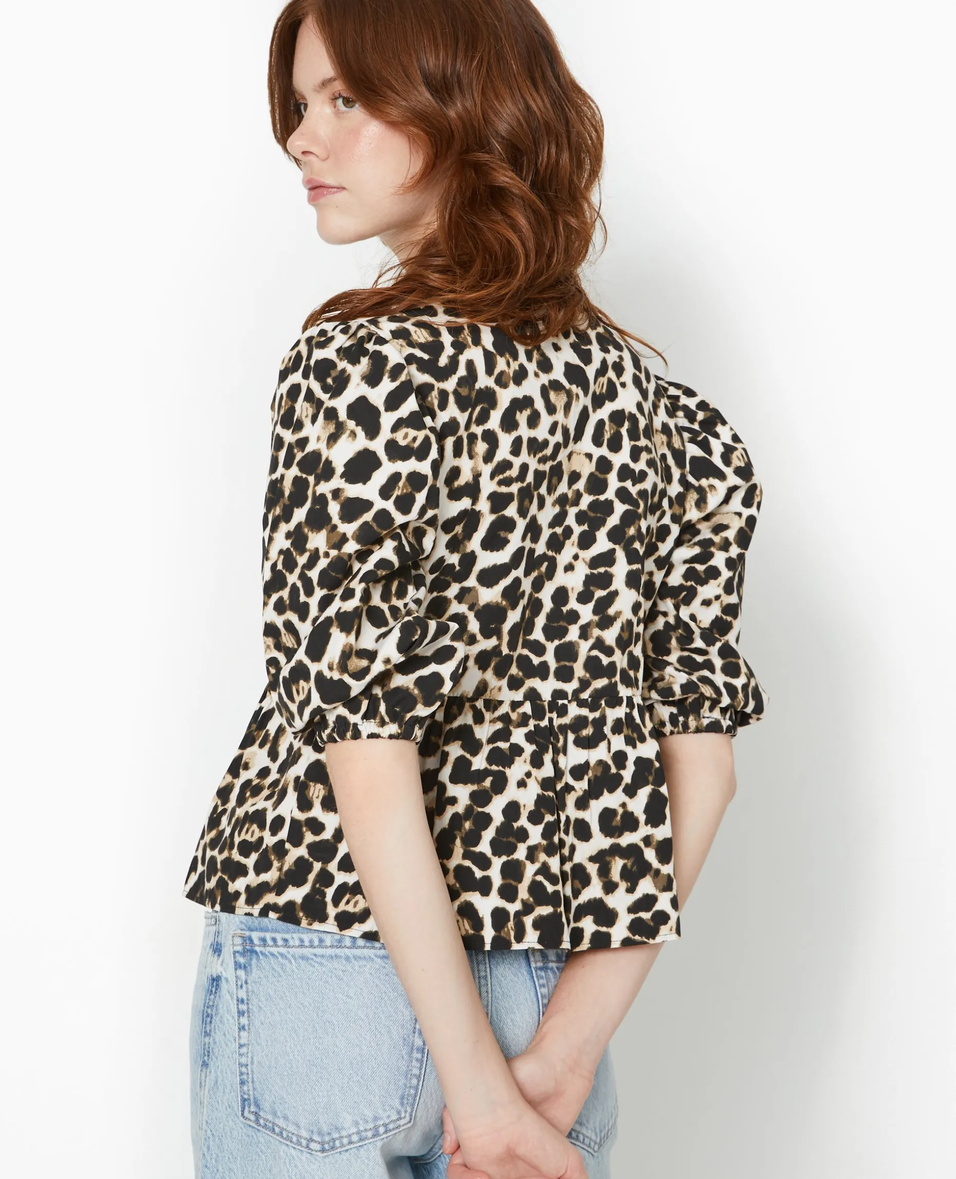 Blouse Avec Nouettes Et Volant Motif Léopard - Marron