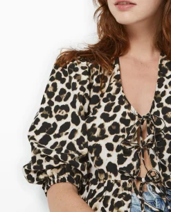 Blouse Avec Nouettes Et Volant Motif Léopard - Marron