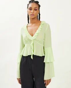Blouse Avec Volants En Voile - Vert Anis