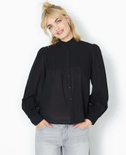 Blouse Boutonnée Avec Plis - Noir