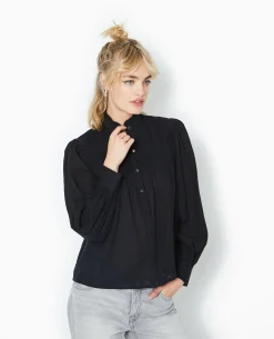 Blouse Boutonnée Avec Plis - Noir