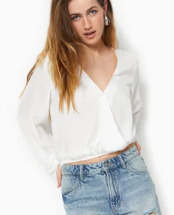 Blouse Cache-cœur En Tissu Satiné - Blanc