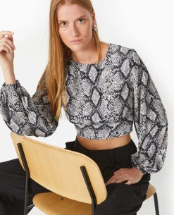 Blouse Courte Avec Découpe Dos Motif Python - Marron