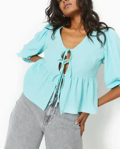 Blouse En Tissu Gaufré Avec Nouettes - Bleu Clair