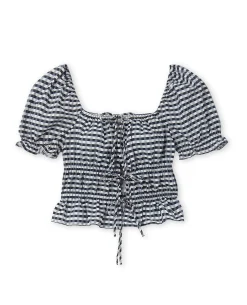 Blouse Encolure Bardot Motif Vichy - Noir