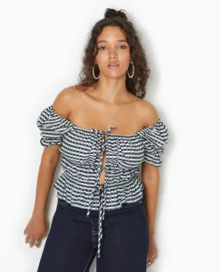 Blouse Encolure Bardot Motif Vichy - Noir