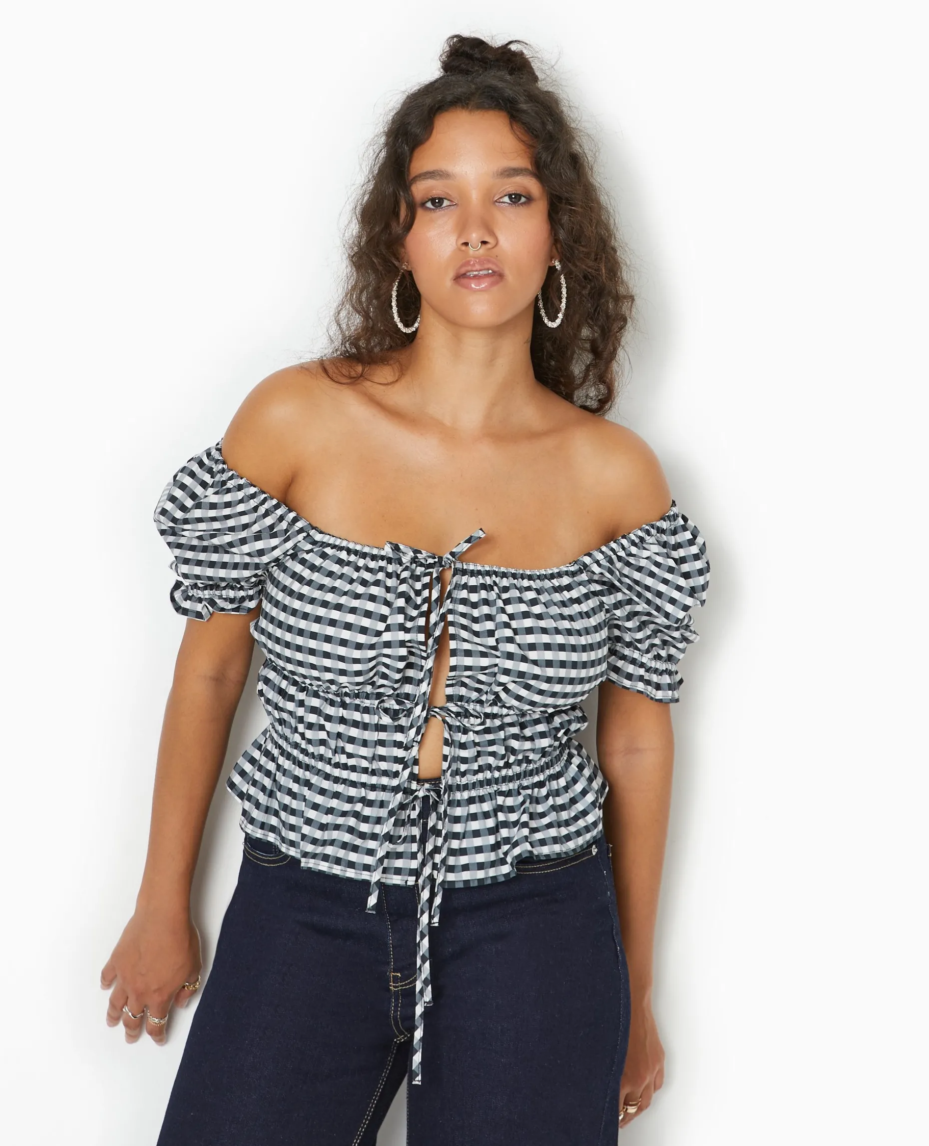 Blouse Encolure Bardot Motif Vichy - Noir