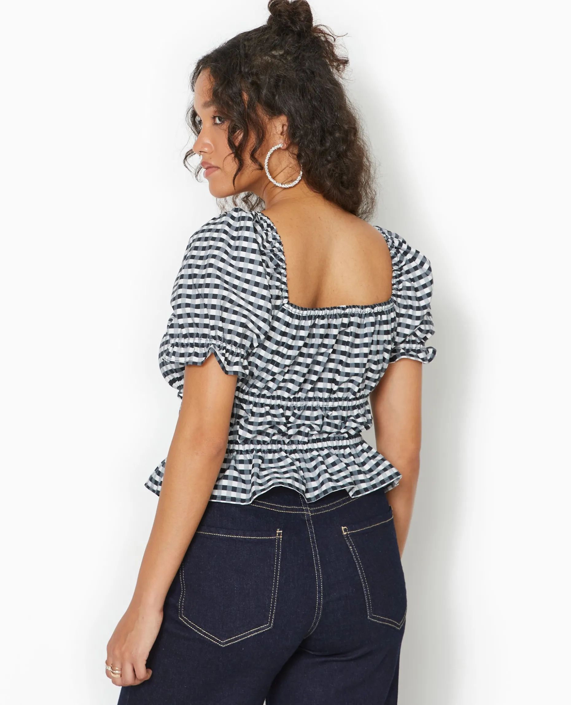 Blouse Encolure Bardot Motif Vichy - Noir