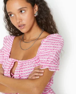 Blouse Encolure Bardot Motif Vichy - Rose Poudré