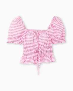 Blouse Encolure Bardot Motif Vichy - Rose Poudré
