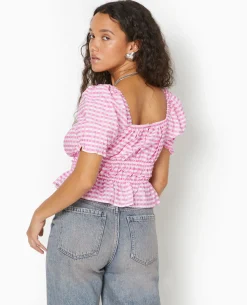 Blouse Encolure Bardot Motif Vichy - Rose Poudré