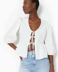 Blouse Manches Ballons Avec Nouettes Et Volant - Blanc