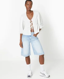 Blouse Manches Ballons Avec Nouettes Et Volant - Blanc