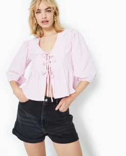Blouse Manches Ballons Et Nouettes - Rose Poudré
