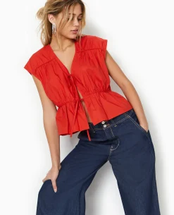 Blouse Sans Manches Avec Liens à Nouer Et Fronces - Rouge