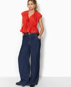Blouse Sans Manches Avec Liens à Nouer Et Fronces - Rouge