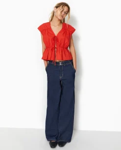 Blouse Sans Manches Avec Liens à Nouer Et Fronces - Rouge