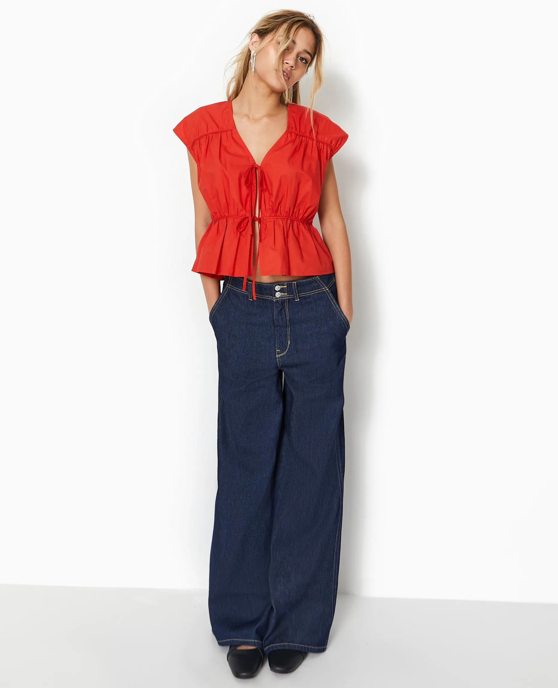 Blouse Sans Manches Avec Liens à Nouer Et Fronces - Rouge
