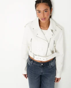 Blouson Biker Court Avec Ceinture - écru