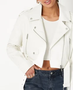 Blouson Biker Court Avec Ceinture - écru