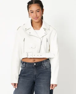 Blouson Biker Court Avec Ceinture - écru