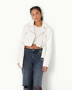 Blouson Biker Court Avec Ceinture - écru