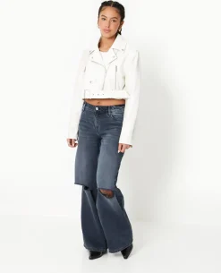 Blouson Biker Court Avec Ceinture - écru