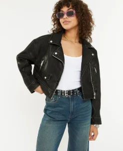 Blouson Biker Court Effet Usé - Gris Foncé
