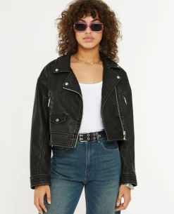 Blouson Biker Court Effet Usé - Gris Foncé