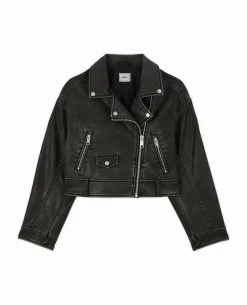Blouson Biker Court Effet Usé - Gris Foncé