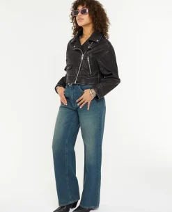 Blouson Biker Court Effet Usé - Gris Foncé