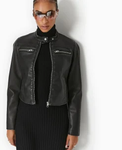 Blouson Biker En Simili Cuir Used - Noir