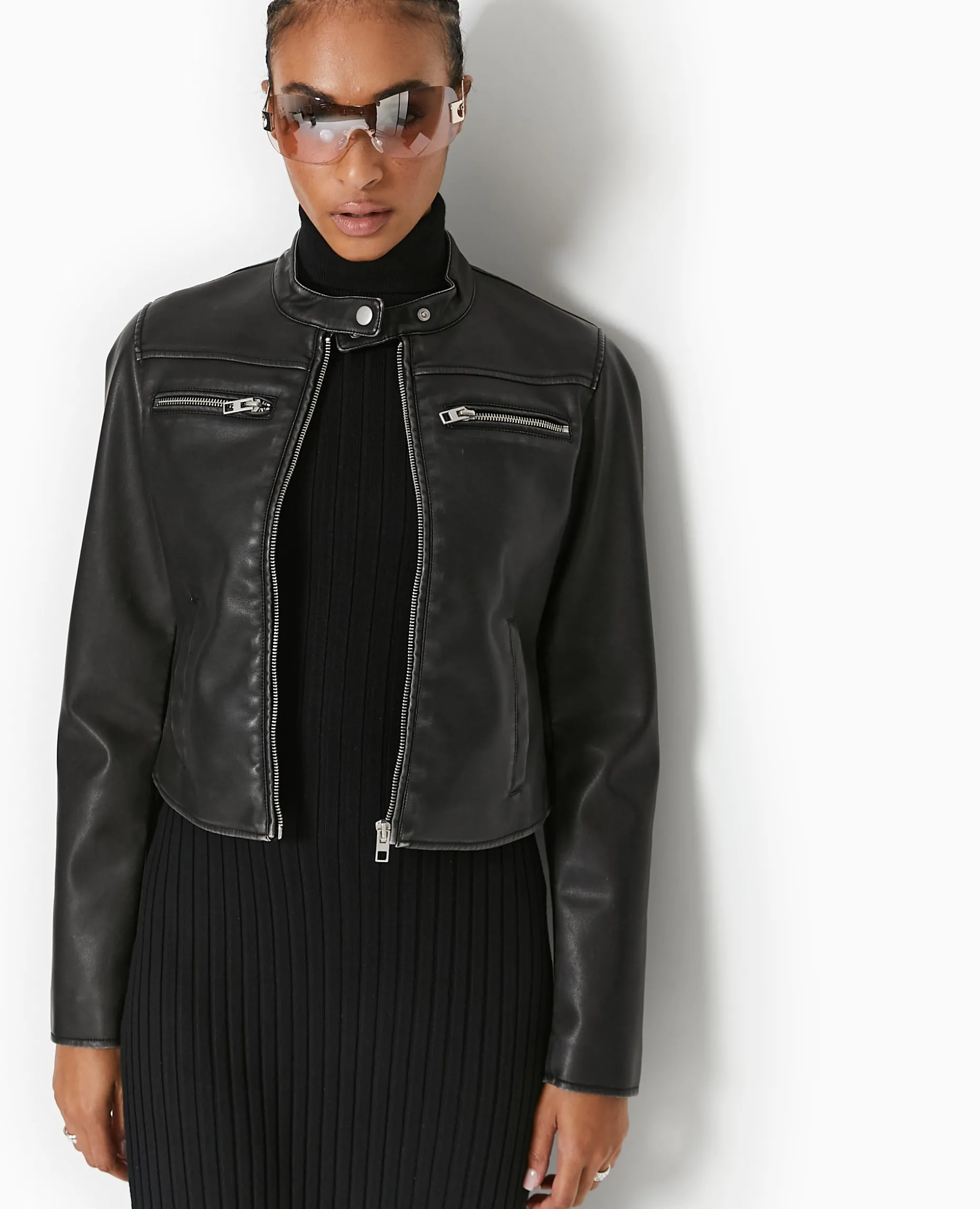 Blouson Biker En Simili Cuir Used - Noir