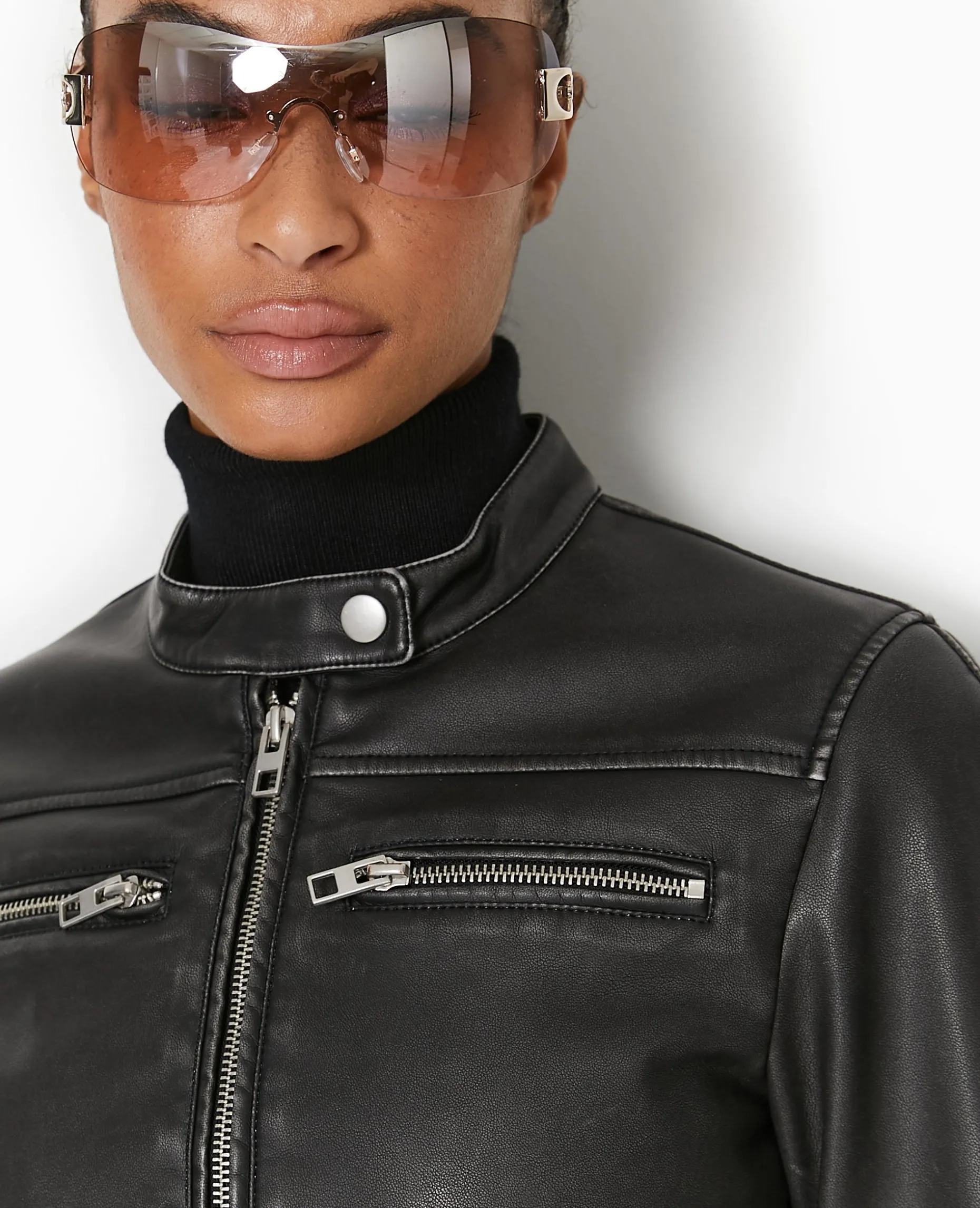 Blouson Biker En Simili Cuir Used - Noir