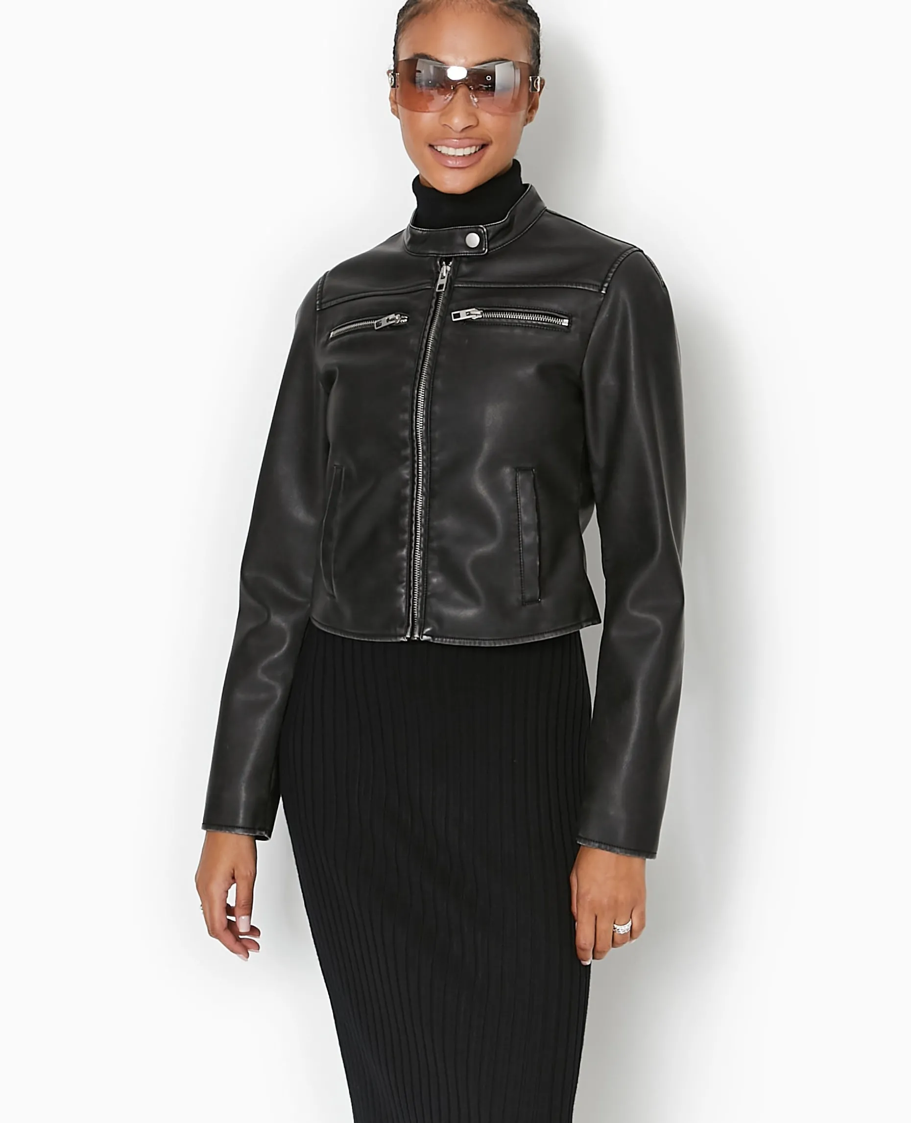 Blouson Biker En Simili Cuir Used - Noir