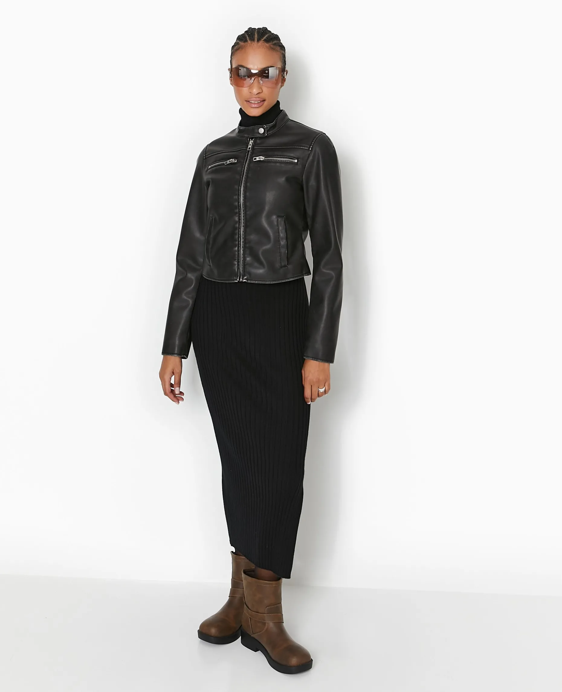 Blouson Biker En Simili Cuir Used - Noir