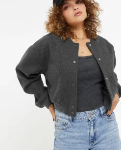 Blouson Bomber Façon Drap De Laine - Gris Foncé