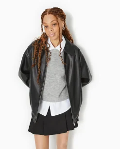 Blouson Long En Simili Cuir - Noir