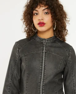 Blouson Motard Ajusté En Simili - Gris Foncé