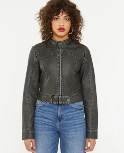 Blouson Motard Ajusté En Simili - Gris Foncé