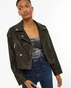 Blouson Motard Court En Simili - Marron