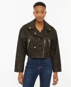 Blouson Motard Court En Simili - Marron