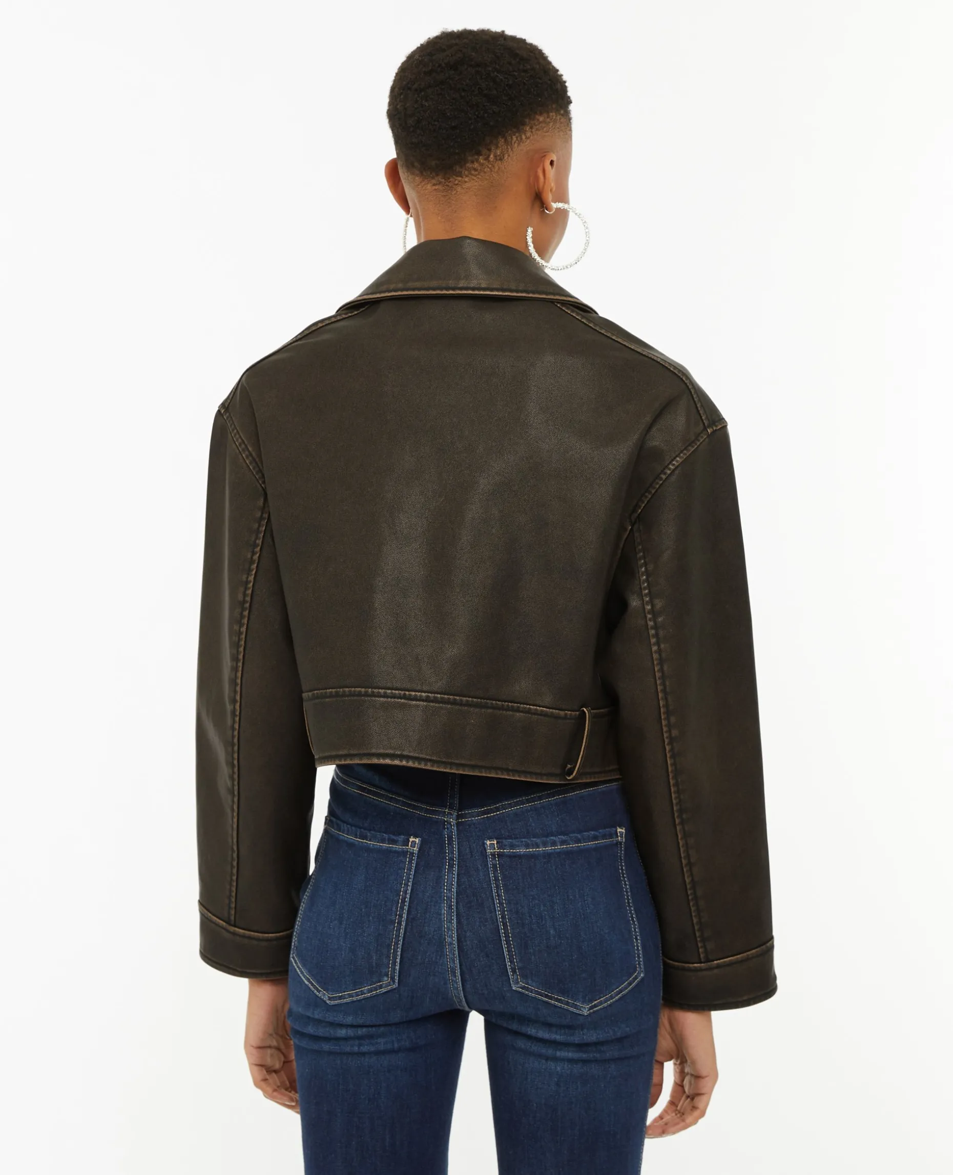 Blouson Motard Court En Simili - Marron