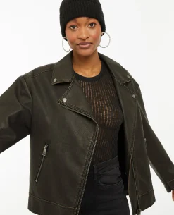 Blouson Motard Oversize En Simili - Marron