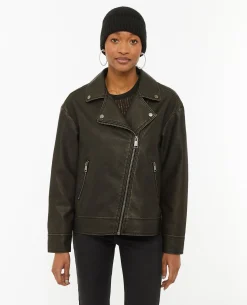 Blouson Motard Oversize En Simili - Marron