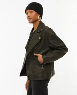 Blouson Motard Oversize En Simili - Marron